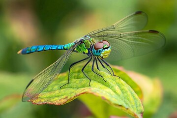 Macro of dragonfly perched on a leaf, vibrant green and blue, high detail, natural blur