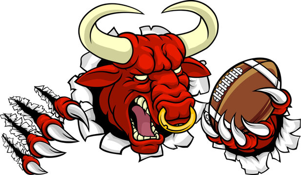 A bull or Minotaur monster longhorn cow angry mean American football mascot cartoon character.