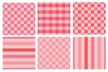 Coquette seamless pattern set. Pink checkered and striped backgrounds. Buffalo check ornament.