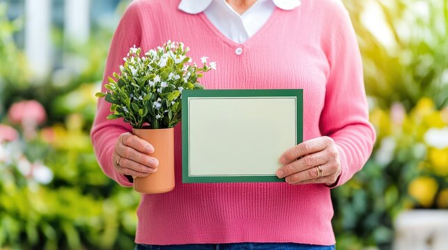Government Pension Retire Concept, Joyful Retiree Holding Government-Issued Pension Certificate and Flowerpot Outdoors Surrounded by Lush Greenery in a Bright and Cheerful Setting