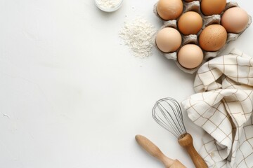 Chicken egg, flour, linen napkin wooden utensils on a white background, copy space. Baking ingredients for sweet dessert, pasta, recipe in kitchen at home. Making dough. Preparation of homemade food