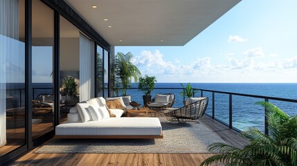 Fototapeta premium Terrace with panoramic windows overlooking the sea