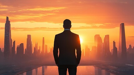 Fototapeta premium A silhouette of a businessman contemplating a vibrant sunset over a city skyline.