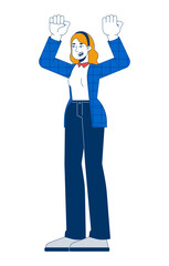 Happy caucasian businesswoman celebrating success 2D cartoon character. Young female raising hands for victory isolated person flat vector on white background. Spot illustration colorful