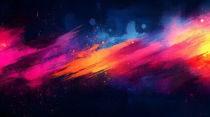 Bold abstract illustration featuring splashes of neon colors against a dark background, with chaotic lines and forms that evoke a sense of creativity and untamed artistic expression.