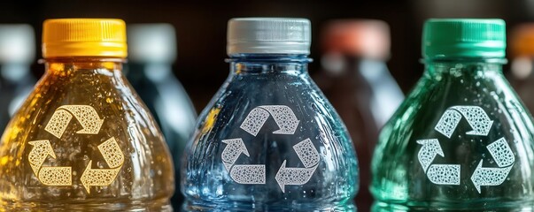 Photorealistic macro shot of recycling symbols etched into plastic bottles, clean and glossy surfaces