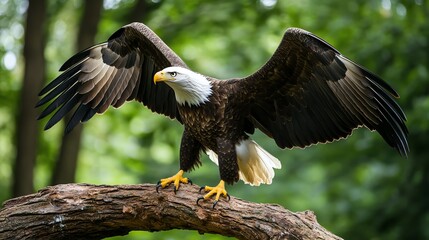 A majestic bald eagle perched on a branch with wings spread wide in a forest setting.