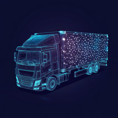 A box truck isolated on a dark blue background, designed in low poly wireframe style. This vector illustration represents delivery and transportation logistics, emphasizing the storage warehouse indus