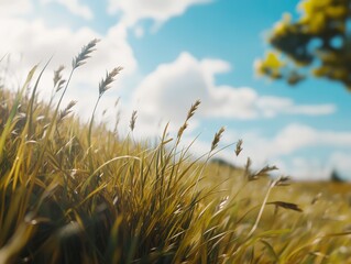 Golden Grass Field Under Sunny Sky