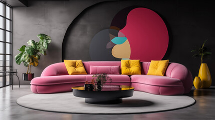 Pink Velvet Sectional Sofa in Modern Living Room with Abstract Art