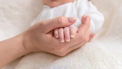Naklejka premium Close-up little hand of child baby holding hand of mother, A newborn holds on to mom's, dad's finger