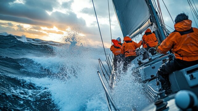 In the midst of turbulent waters, yachtsmen in bright orange gear adjust their course, utilizing satellite communication for optimal racing strategy.
