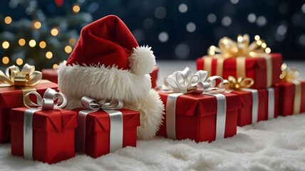 Picture a whimsical Santa hat, a dazzling crown of Christmas cheer, radiating the magic of the season. Its velvety red fabric sparkles softly, as though kissed by stardust, while the snow-white trim g