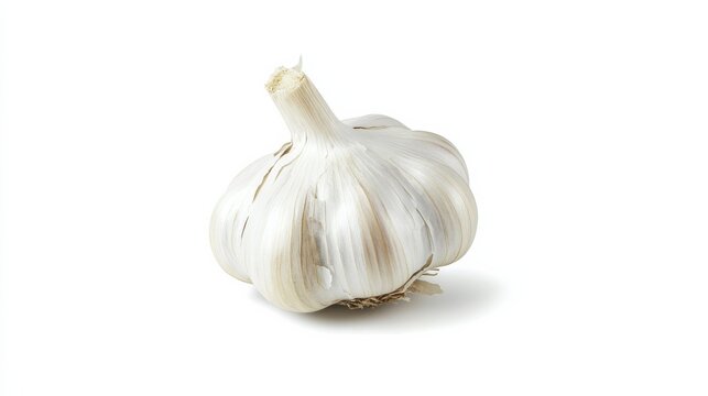 A single head of garlic with its papery white skin and tightly packed cloves, Each garlic&rsquo;s vibrant color and subtle imperfections captured with precision