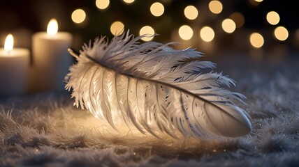 a delicate white feather, light as a whisper, floating gently in the festive air, shimmering under the soft glow of Christmas lights.