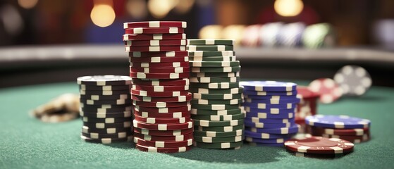 Fototapeta premium Colorful casino poker chips stacked on a table.