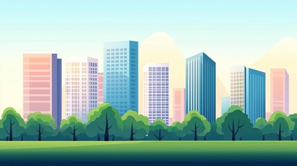 Obraz premium Vibrant city skyline with modern skyscrapers and lush greenery in the foreground.