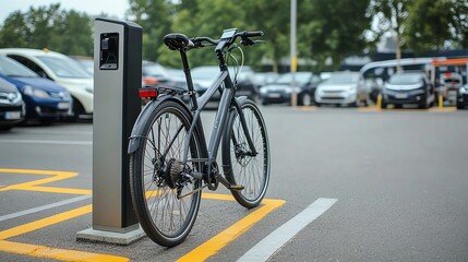 An electric bicycle is plugged into a charging station on a city street.