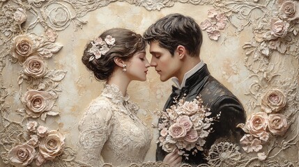 Collection set of vintage lovers with hearts, romantic  style old greeting cards, Valentine's day celebration