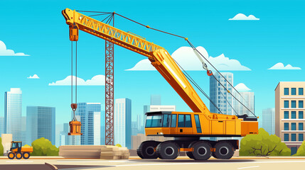 Mobile Crane on a road and tower crane construction architecture vehicle.