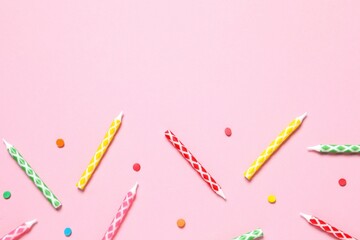 Frame of different party items and decorations with space for text on color background, flat lay