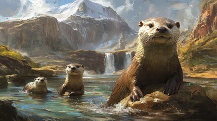 Obraz premium Playful Otters in a Scenic Spring Landscape