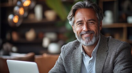 Obraz premium Businessman using a laptop in an office, happy middle-aged man, entrepreneur small business owner