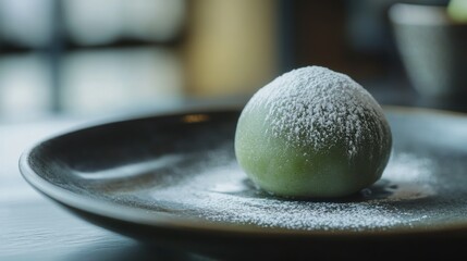 Delicate Green Dessert with Powdered Sugar on a Dark Plate, Showcasing Artful Culinary Presentation in a Contemporary Setting