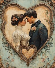 Collection set of vintage lovers with hearts, romantic  style old greeting cards, Valentine's day celebration