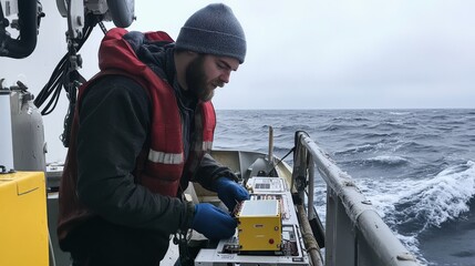 A Man Works on Equipment on a Ship at Sea