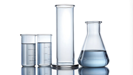 Laboratory Glassware with Test Tubes and Flask on White Background.