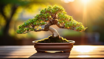 Elegant Bonsai Tree on Wooden Table, Intricate Green Leaves, Ceramic Pot Plant Decor, Minimalist Bonsai Style, Sunlit Indoor Garden, Peaceful Home Decor, Small Tree Art, Bonsai Plant Aesthetic