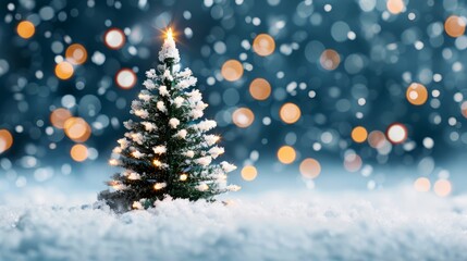 Obraz premium Snowy Christmas tree with lights and bokeh background.