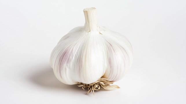 A single, whole garlic bulb with its papery white skin and tightly packed cloves, Each garlic&rsquo;s vibrant color and subtle imperfections captured with precision