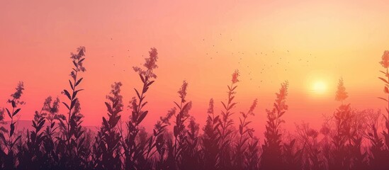 Fototapeta premium Silhouette of Wild Plant Against Sunset Illumination