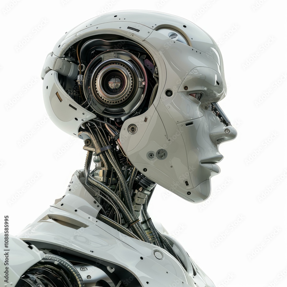 Poster white humanoid robot showing artificial intelligence processing unit
