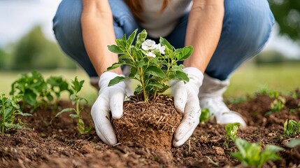 Fototapeta premium Senior Woman Tending to Her Flower Bed in Garden