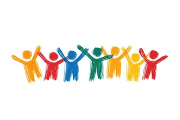 Obraz premium A colorful illustration of diverse figures holding hands in celebration, symbolizing teamwork, teambuilding, unity, and inclusivity in a creative and vibrant environment...