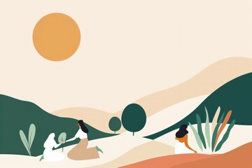 An abstract illustration of people enjoying nature with hills and trees in the background, symbolizing teamwork, teambuilding, unity, and relaxation in a natural environment...