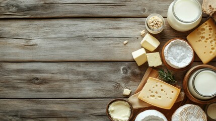 A rustic wooden table displays an assortment of dairy products like milk, cheese varieties, and butter, creating an inviting atmosphere. Generative AI