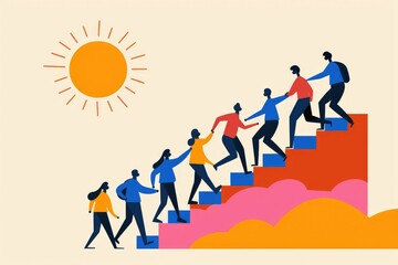 An illustration of people climbing stairs together under the sun, symbolizing teamwork, teambuilding, unity, and collective progress toward shared goals....