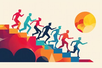 A vibrant illustration of diverse individuals running up colorful stairs toward a bright sun, symbolizing teamwork, teambuilding, progress, and collective effort to achieve success...