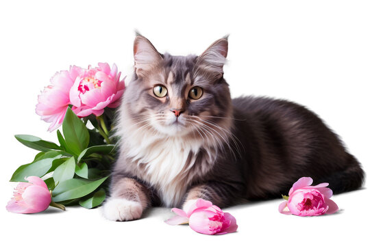 Cute cat with pink peonies flowers, leaves on an isolated white background, animals illustration poster, watercolor, Generative AI