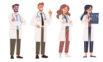 Set of vector illustrations. Cute kind doctors, women and men, on white background. . Vector illustration