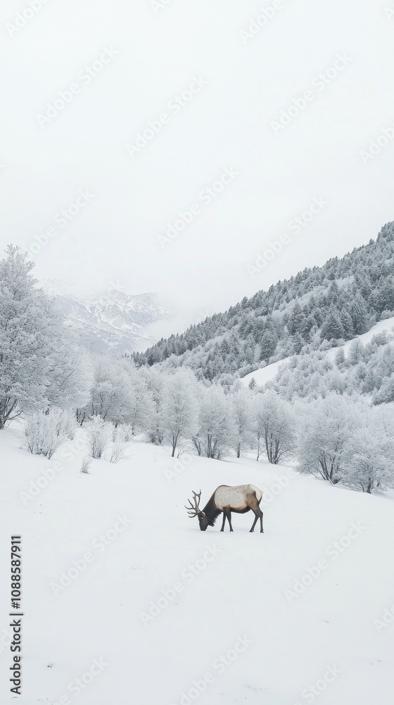 Poster a deer is grazing in the snow in a mountain range