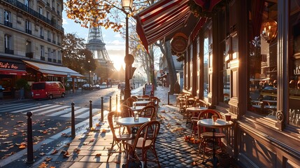 The photo showcases a charming French café terrace with tables adorned with cups of espresso and pastries, nestled under striped awnings, with the backdrop of a bustling Parisian street. Photography,