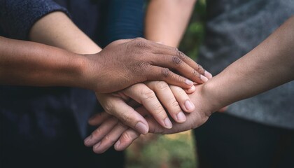 Diverse group of hands joined together in unity and support