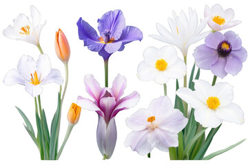 Obraz premium Set Flowers of iris flower, anemone, echinacea, lily, crocus and rose, watercolor hand drawing botanical illustration, Generative AI