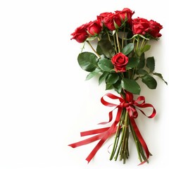 Bouquet of red roses tied with a red ribbon lying on a white surface