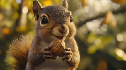Wiewiórka z orzechem w łapkach uchwycona z bliska, z wyraźnymi detalami jej drobnego futra i wąsików, tworzy ciepły i naturalny obraz życia dzikiej przyrody.